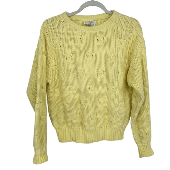 Vintage 90s Benetton Crew Neck Sweater Womens M Yellow Chunky Knit Yacht Tennis - Picture 1 of 10